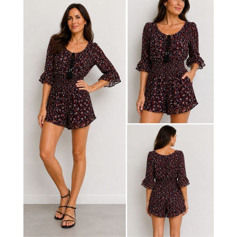 American Eagle Outfiters Romper Sz XS Floral Black Boho Tassel Tie
